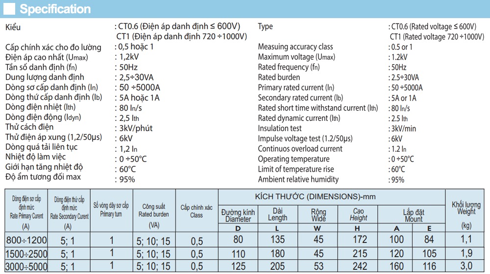 Thông số kỹ thuật Biến dòng Emic CT0.6 1600/5A