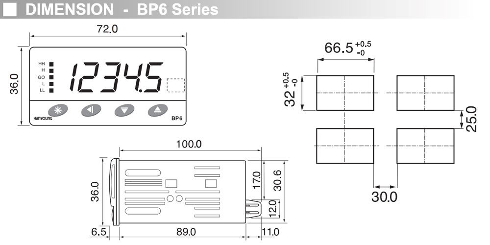 Kích thước Bộ đếm xung đa năng - Hanyoung BP6-5D1