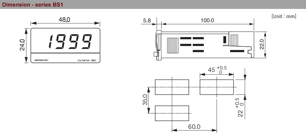 Kích thước Bộ hiển thị điện áp AC Hanyoung BS1-NA101