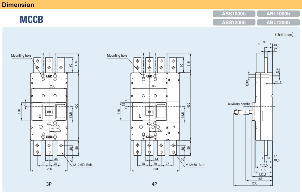 Kích thước Cầu Dao Tự Động - MCCB LS ABS1003b