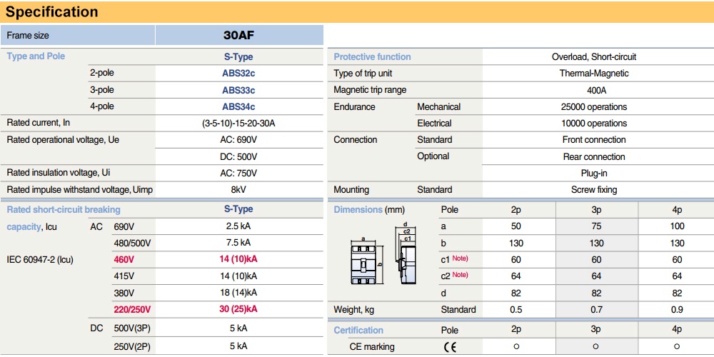 Thông số kỹ thuật Cầu Dao Tự Động - MCCB LS ABS32c