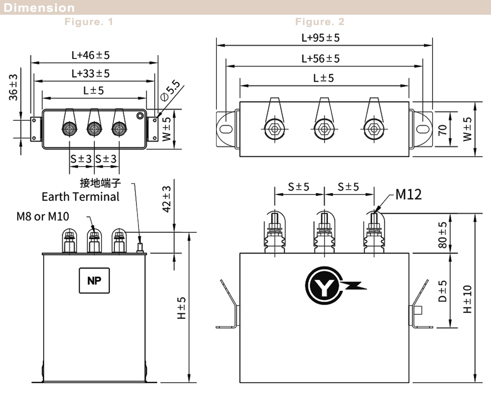 Kích thước Tụ bù dầu Yuhchang YSMB-44K50T - 3 pha 440V - 50Hz, 50kVar