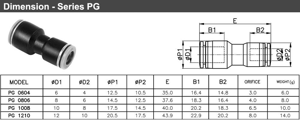 Kích thước Nối giảm ống Ø8 ↠ Ø6 PG 0806