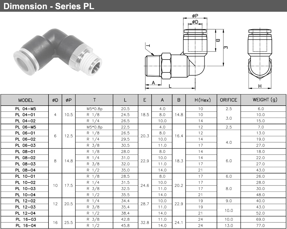 Kích thước Khớp nối L Ø8 PL 08-R01