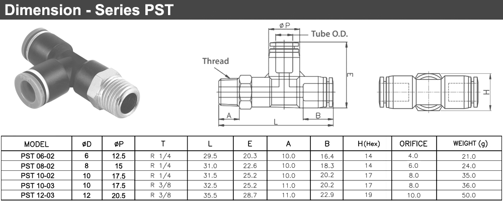 Kích thước Khớp nối T 2 đầu ống PST 10-R03