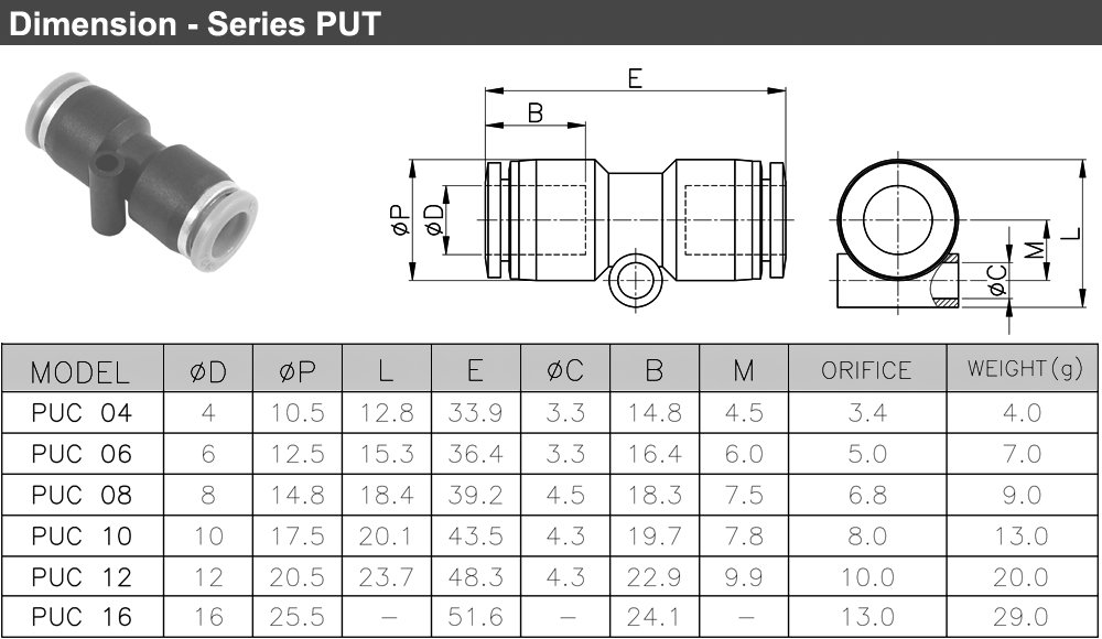 Kích thước Nối ống thẳng Ø16 PUC 16