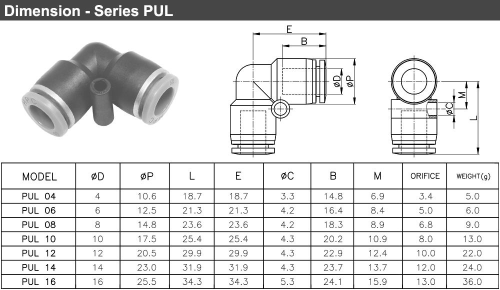 Kích thước Nối ống L Ø4 PUL 04