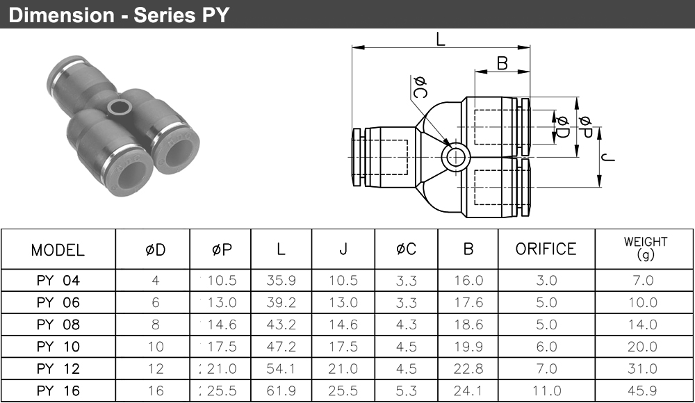 Kích thước Nối ống Y Ø10 PY 10