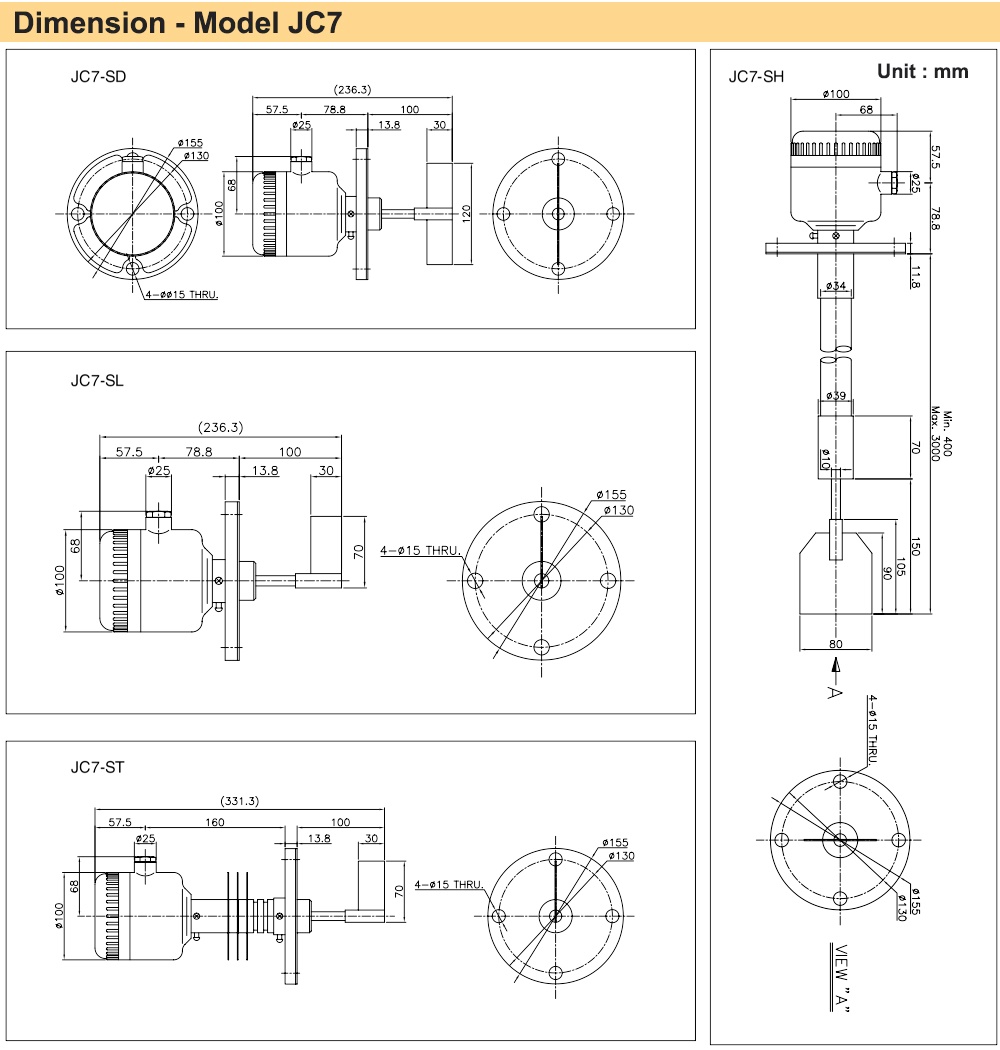 Kích thước Cảm biến báo mức tự động Parker JC7-SL-100mm