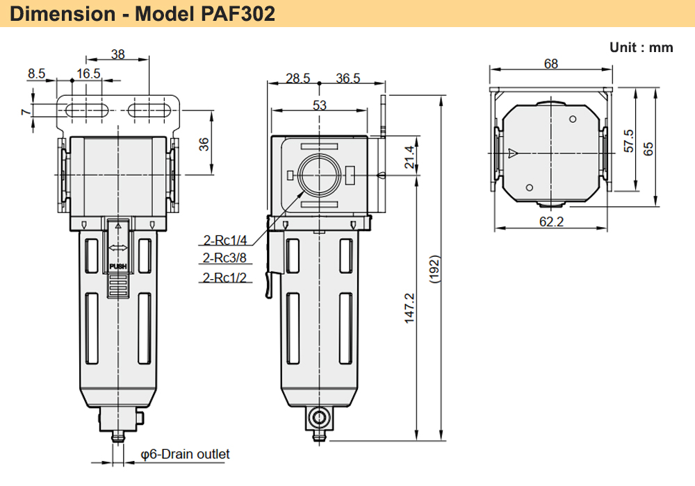 Kích thước Bộ lọc khí Ren 13 Parker PAF302-02-B