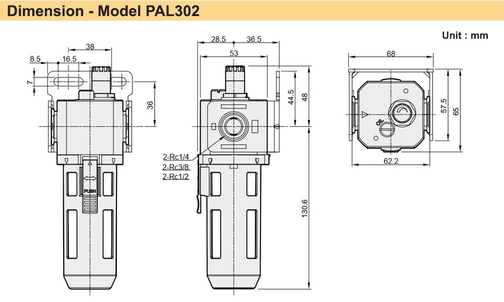 Kích thước Bộ cấp dầu Ren 17 Parker PAL302-03-B