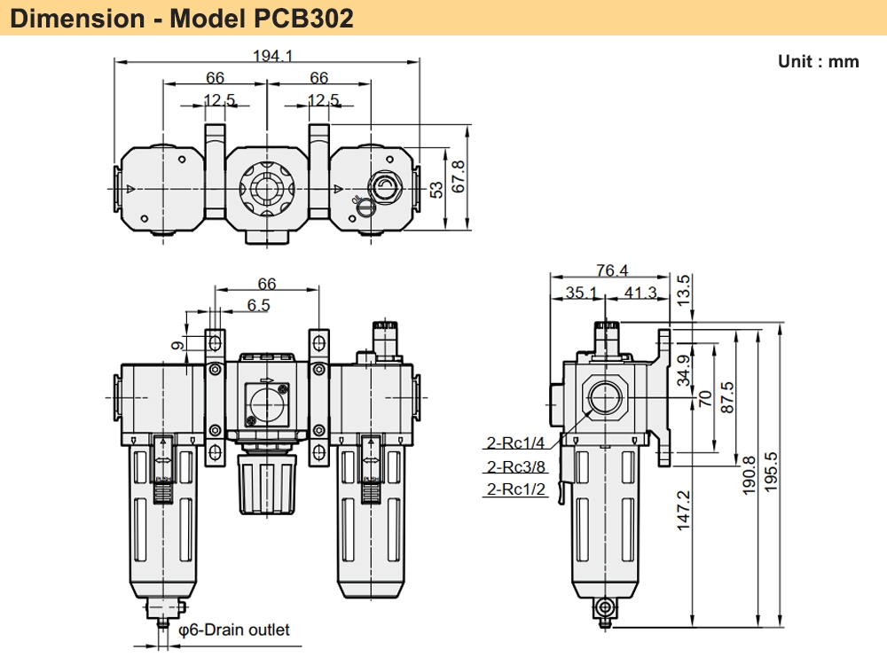 Kích thước Bộ lọc đôi chỉnh áp cấp dầu Ren 17 Parker PCB302-03