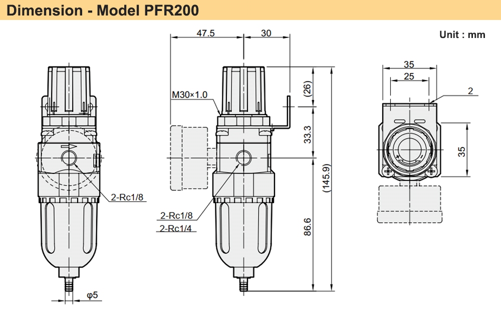 Kích thước Bộ lọc khí chỉnh áp Ren 13 Parker PFR200-02