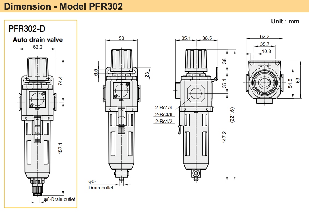 Kích thước Bộ lọc khí chỉnh áp Ren 13 Parker PFR302-02-D