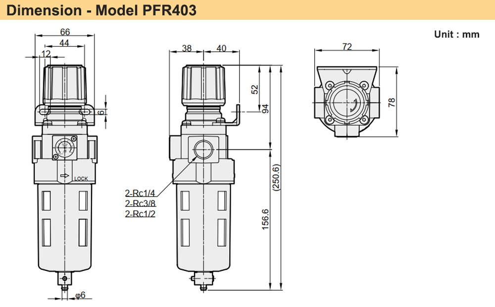 Kích thước Bộ lọc khí chỉnh áp Ren 21 Parker PFR403-04