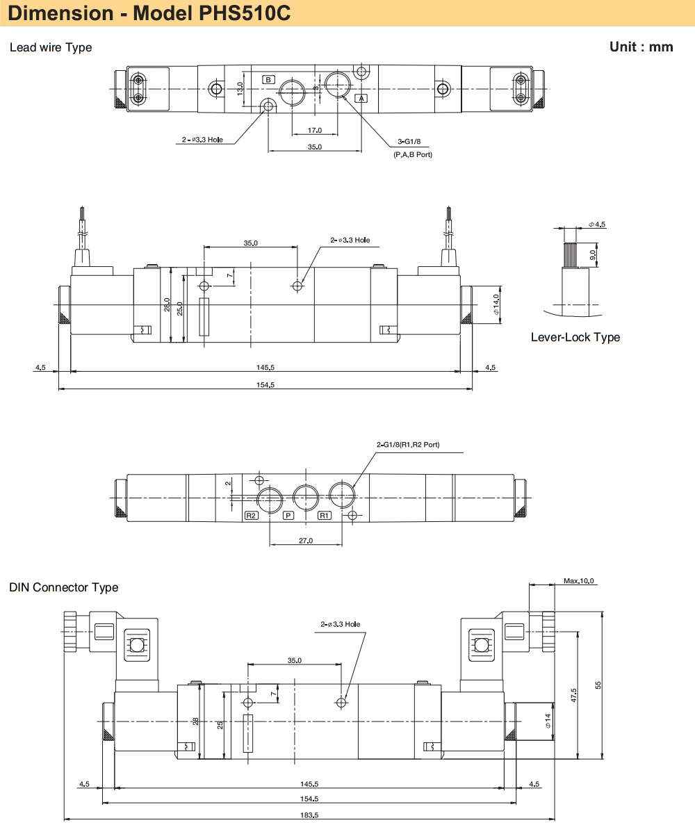 Kích thước Van điện từ 5/3, 2 coil Parker PHS-510C-6-24V