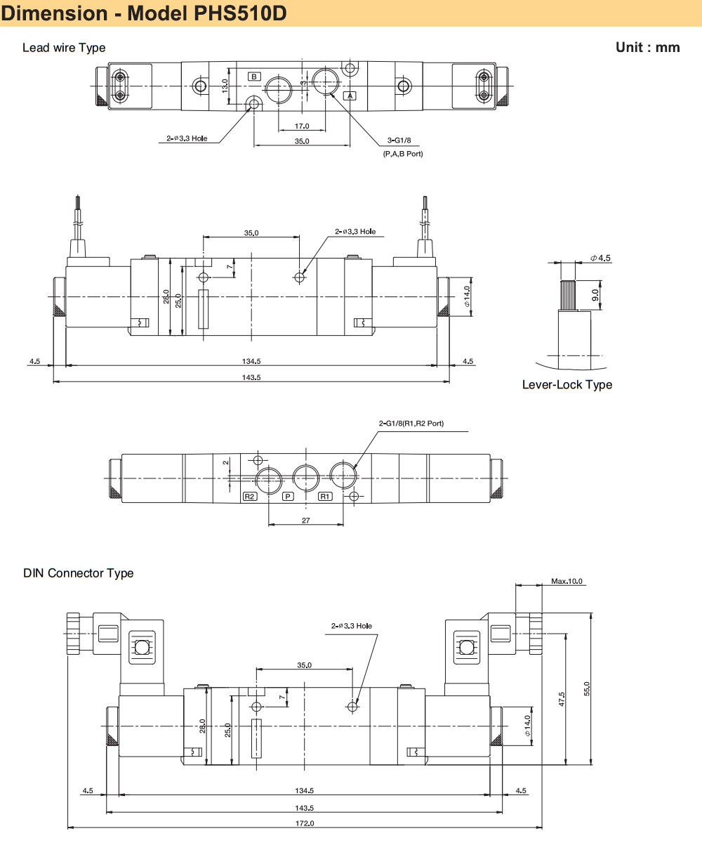 Kích thước Van điện từ 5/2, 2 coil Parker PHS-510D-6-24V