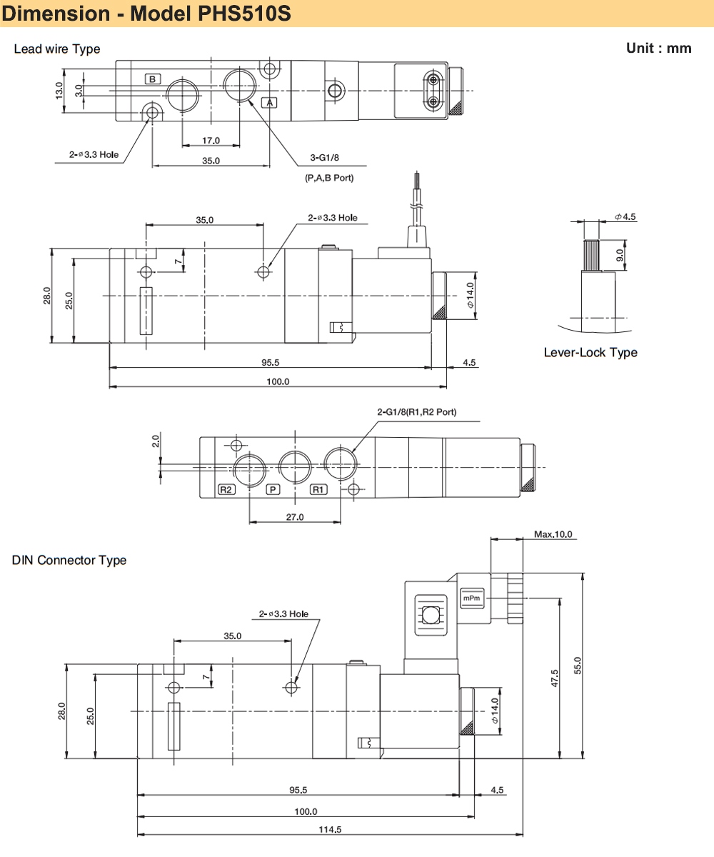 Kích thước Van điện từ 5/2, 1 coil Parker PHS-510S-6-220V