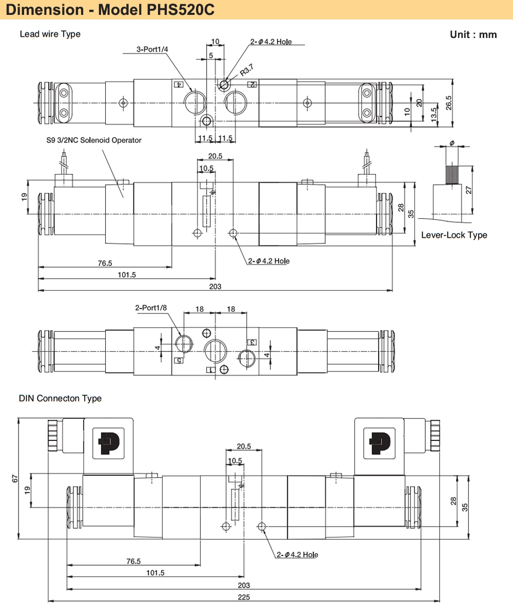 Kích thước Van điện từ 5/3, 2 coil Parker PHS-520C-02-220V