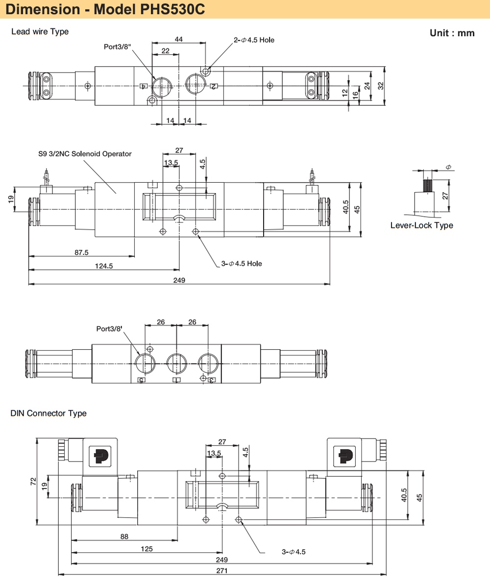 Kích thước Van điện từ 5/3, 2 coil Parker PHS-530C-03-220V