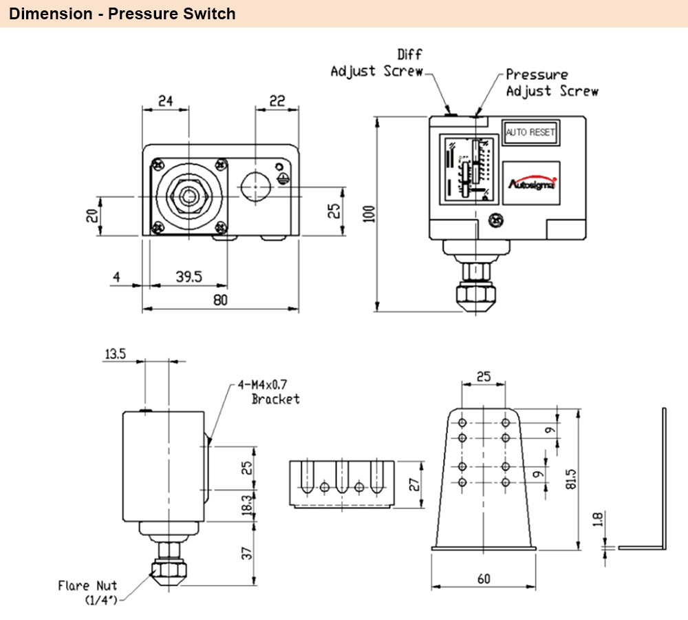 Kích thước Công tắc áp suất Autosigma HS203