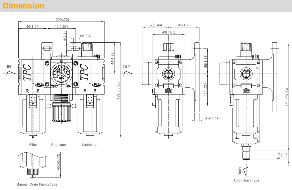 Kích thước Bộ lọc khí - chỉnh áp - tra dầu Ren 1/4