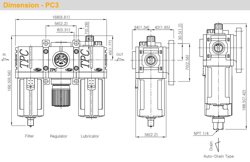 Kích thước Bộ lọc khí - chỉnh áp - tra dầu Ren 1/4