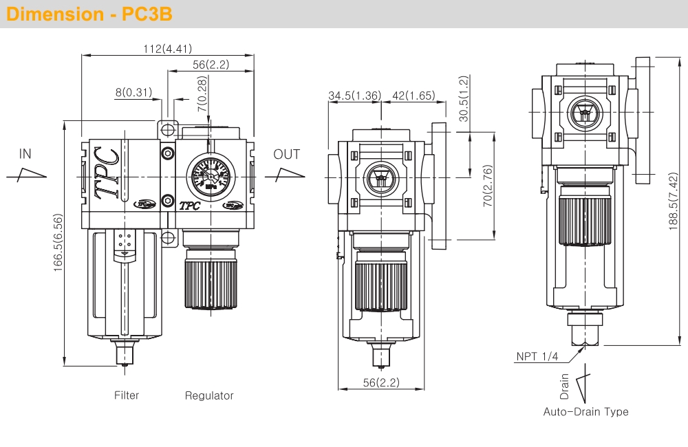 Kích thước Bộ lọc khí - chỉnh áp Ren 1/4