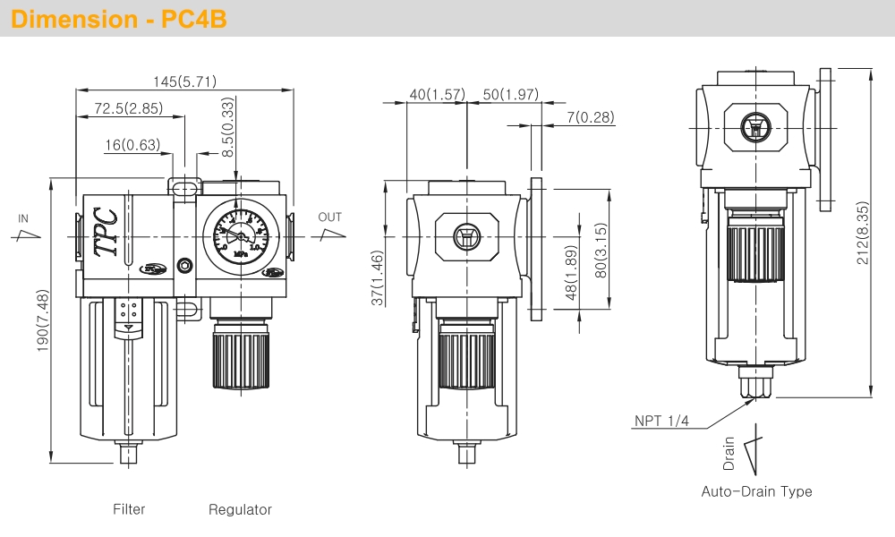 Kích thước Bộ lọc khí - chỉnh áp Ren 1/4