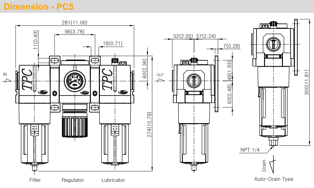 Kích thước Bộ lọc khí - chỉnh áp - tra dầu Ren 3/8