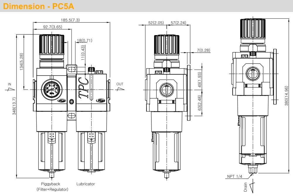 Kích thước Bộ chỉnh áp tích hợp lọc khí - tra dầu Ren 3/8