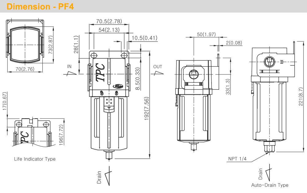 Kích thước Bộ lọc khí Ren 1/4