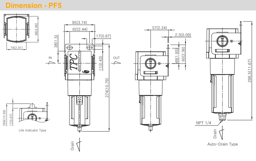 Kích thước Bộ lọc khí Ren 3/8