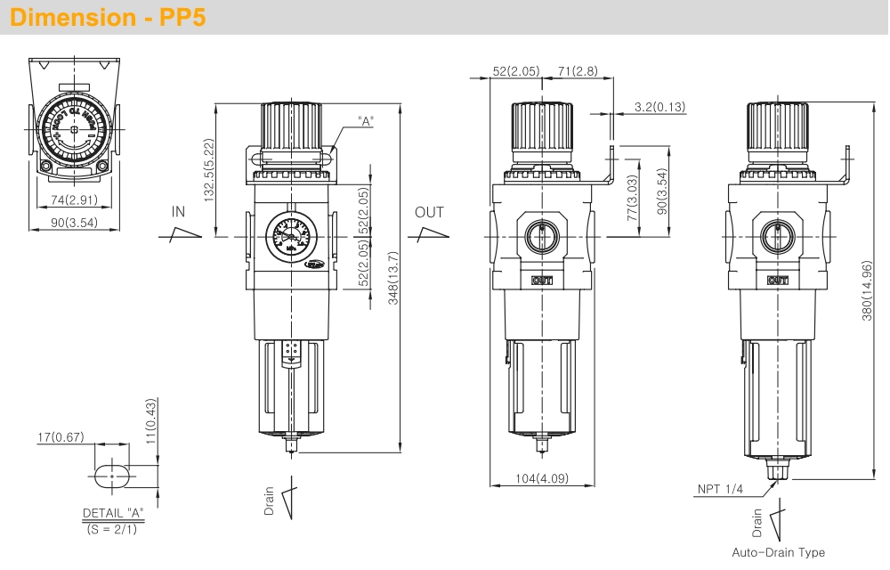 Kích thước Bộ chỉnh áp tích hợp lọc khí Ren 3/8