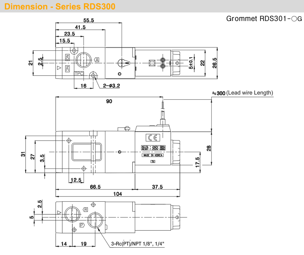 Kích thước Van khí 3/2, 1 coil - TPC RDS301-(1/2/5)G(C)-02
