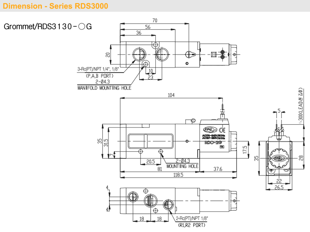 Kích thước Van khí 5/2, 1 coil - TPC RDS3130-(1/2/5)G-01
