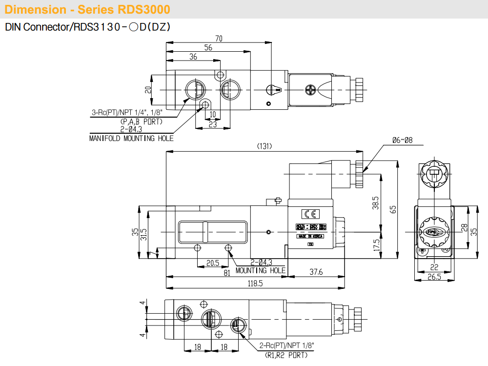 Kích thước Van khí 5/2, 1 coil - TPC RDS3130-(1/2/5)D-02