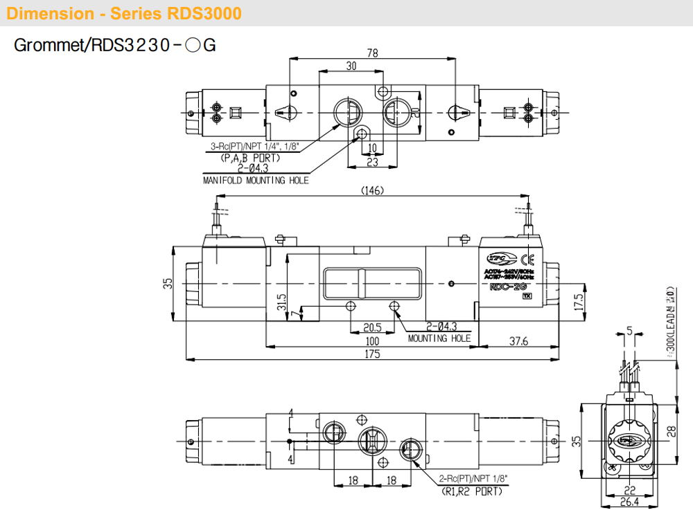 Kích thước Van khí 5/2, 2 coil - TPC RDS3230-(1/2/5)G-01