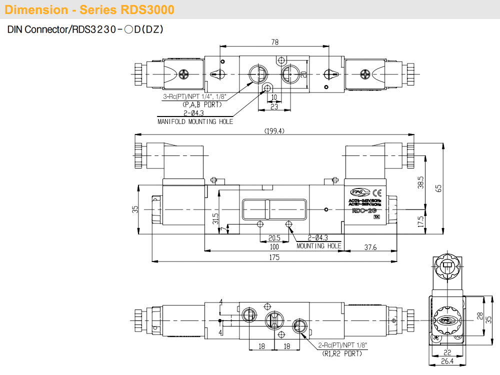 Kích thước Van khí 5/2, 2 coil - TPC RDS3230-(1/2/5)D-02