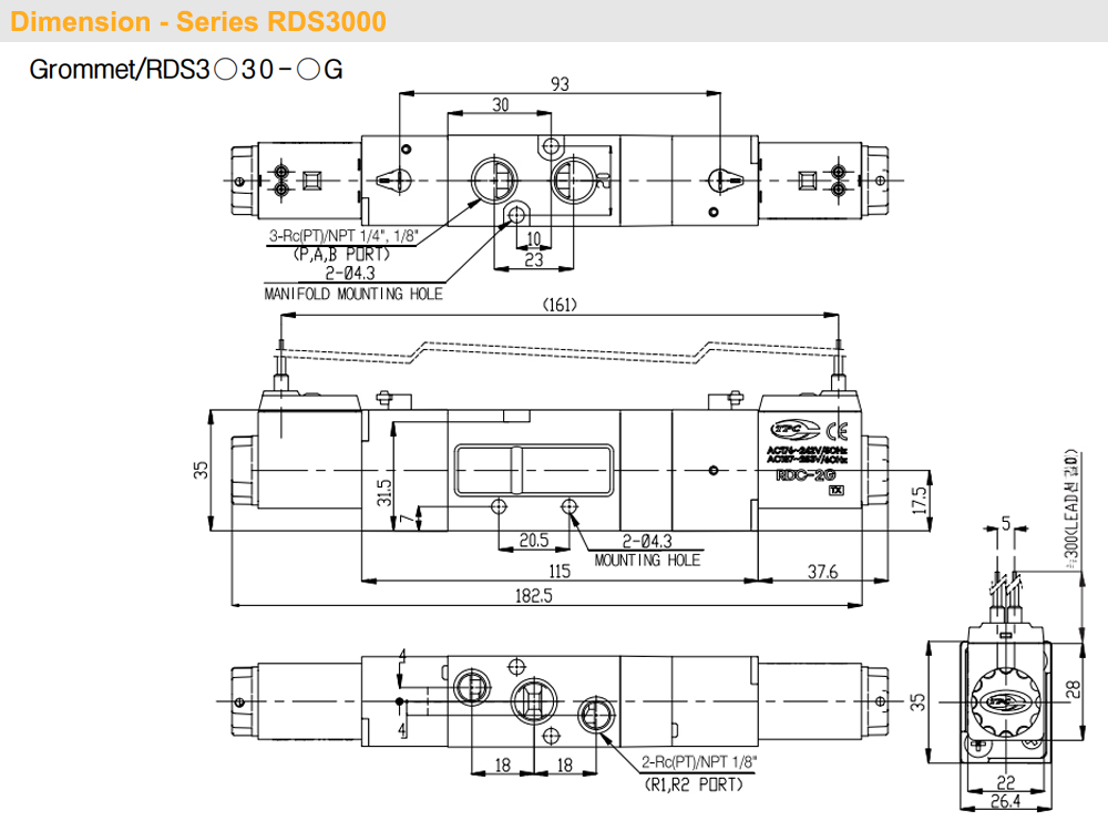 Kích thước Van khí 5/3, 2 coil - TPC RDS3330-(1/2/5)G-01