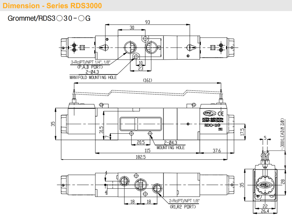 Kích thước Van khí 5/3, 2 coil - TPC RDS3330-(1/2/5)G-02