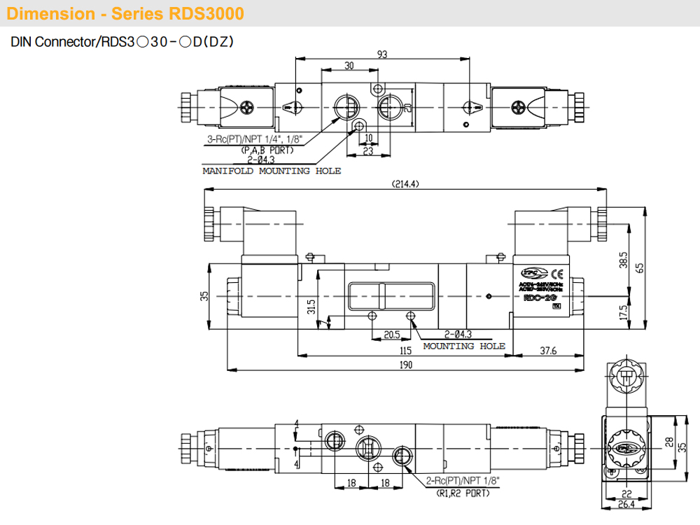 Kích thước Van khí 5/3, 2 coil - TPC RDS3330-(1/2/5)DZ-02