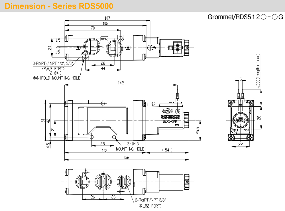 Kích thước Van khí 5/2,1 coil - TPC RDS5120-(1/2/5)G-02
