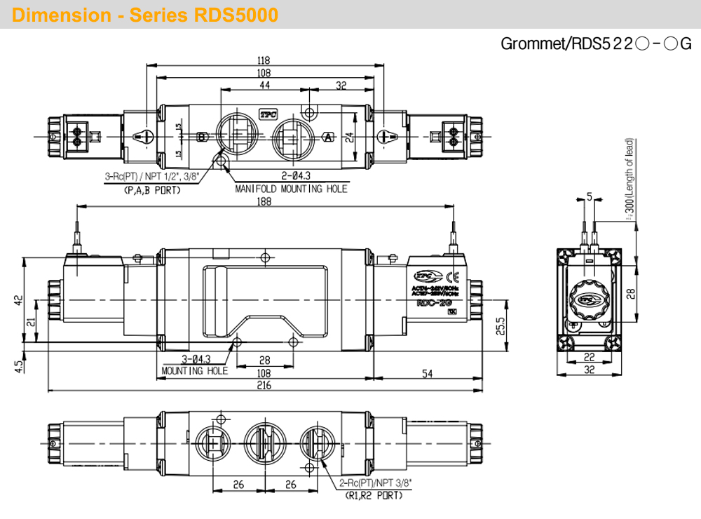 Kích thước Van khí 5/2, 2 coil - TPC RDS5220-(1/2/5)G-03