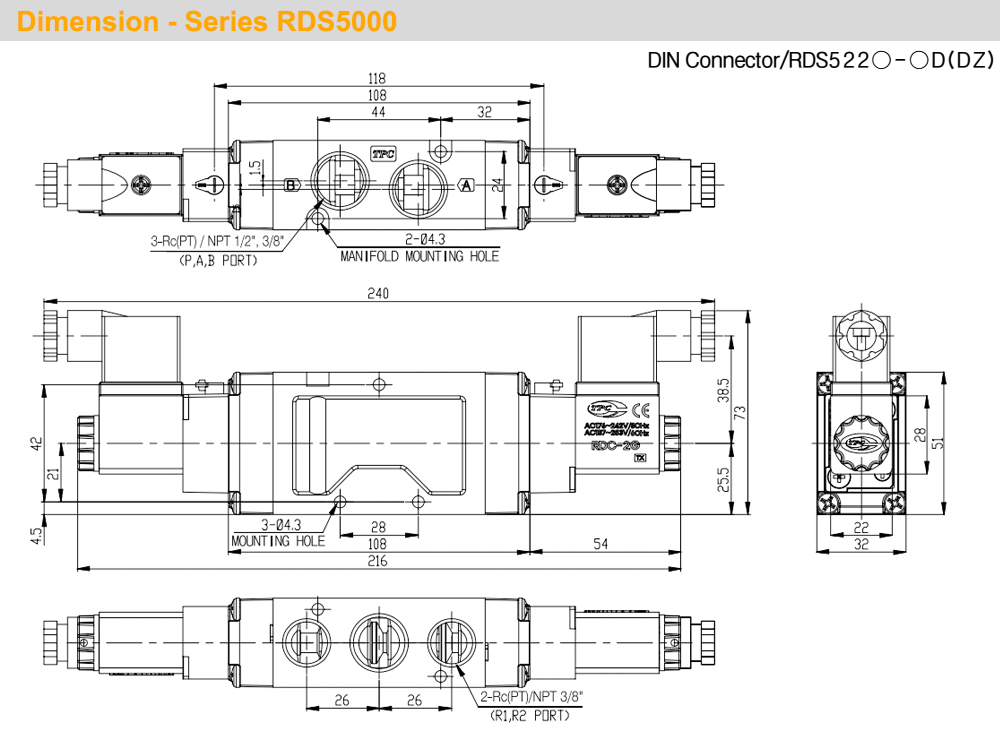 Kích thước Van khí 5/2, 2 coil - TPC RDS5220-(1/2/5)DZ-04