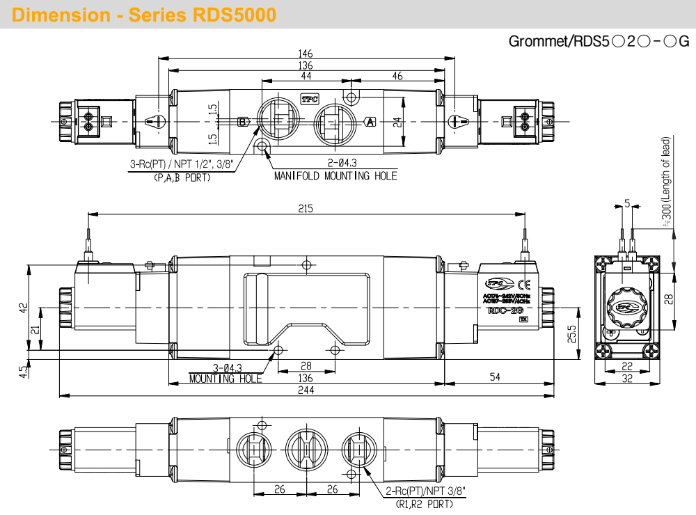 Kích thước Van khí 5/3, 2 coil - TPC RDS5420-(1/2/5)G-04