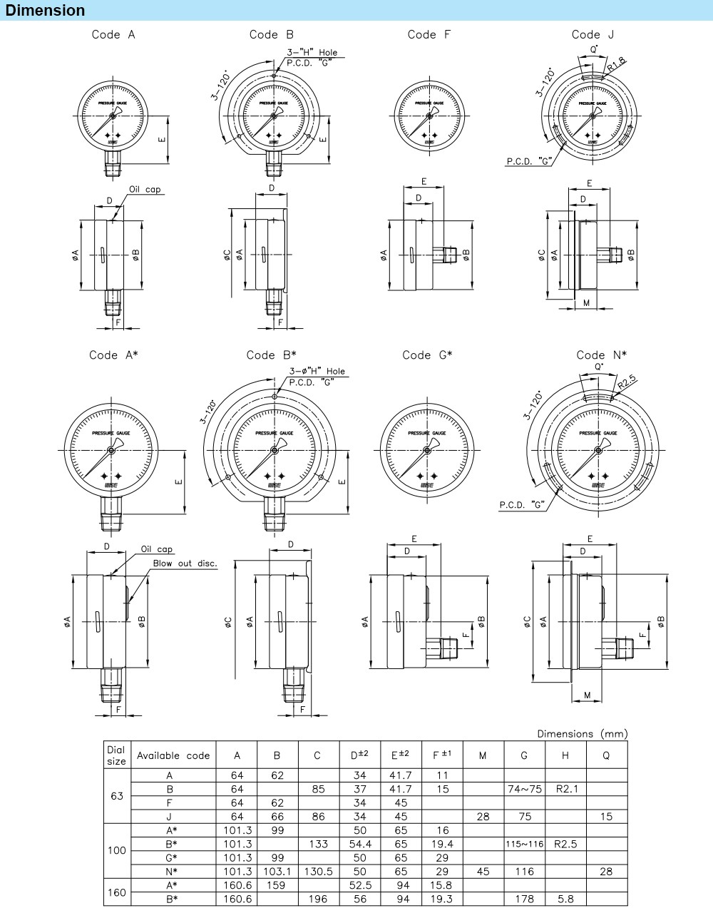 Kích thước Đồng hồ áp suất WISE P259