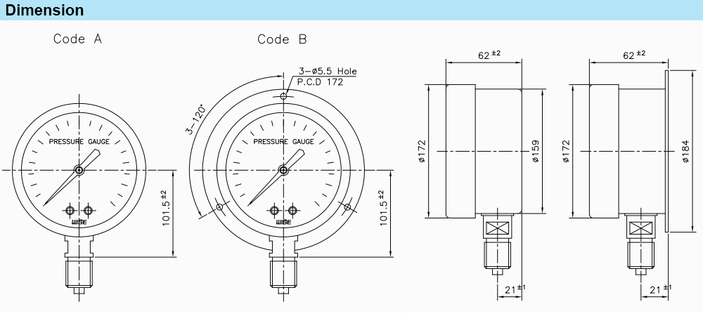 Kích thước Đồng hồ áp suất WISE P335