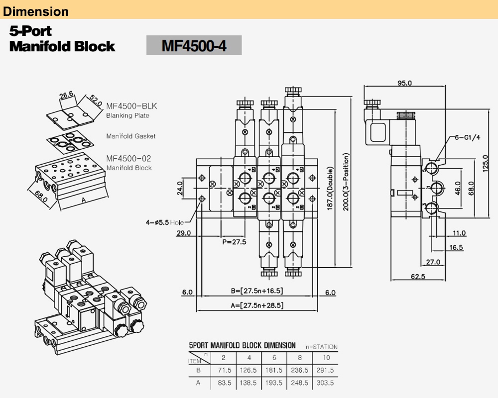 Kích thước Đế van 5/2 ren 1/4 YPC MF4500-10M