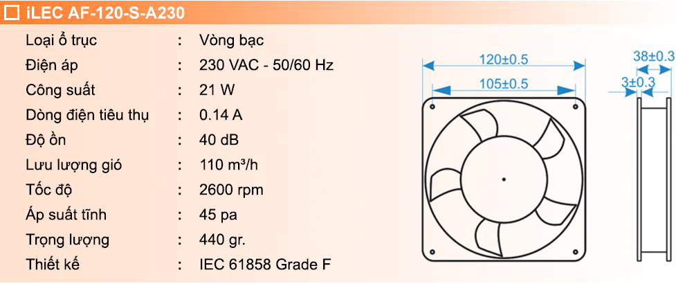 Thông số kỹ thuật: Quạt hút AF-120-S-A230